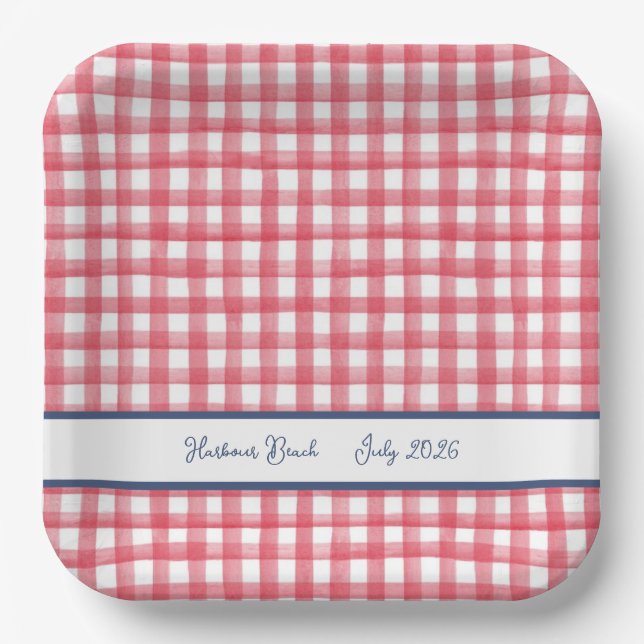 Summer Red Gingham, Checkered July 4th Paper Plates (Front)