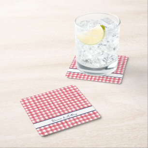 Summer Red Gingham, Checkered July 4th Square Paper Coaster