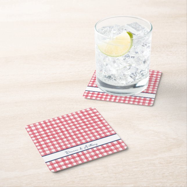 Summer Red Gingham, Checkered July 4th Square Paper Coaster (Insitu)