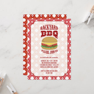 Summer Red Gingham Fun Backyard Barbeque BBQ Party Invitation