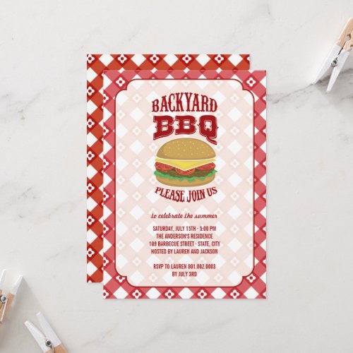 Summer Red Gingham Fun Backyard Barbeque BBQ Party Invitation