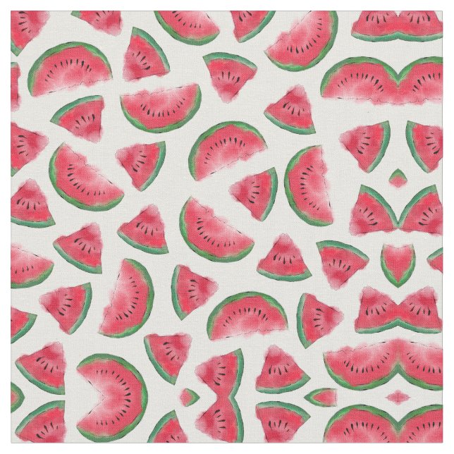 Summer Red Green Watermelon Watercolor Pattern Fabric (Close Up)