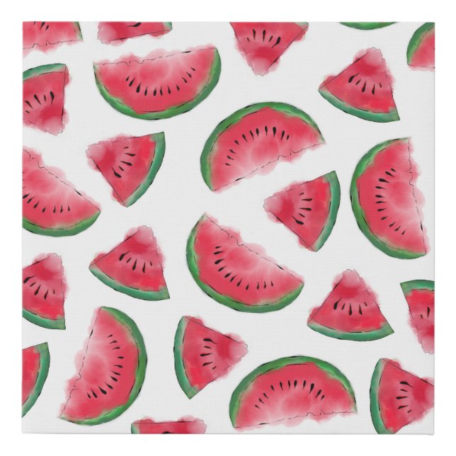 Summer Red Green Watermelon Watercolor Pattern Faux Canvas Print (Front)