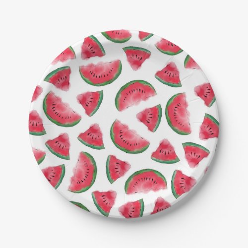 Summer Red Green Watermelon Watercolor Pattern Paper Plates