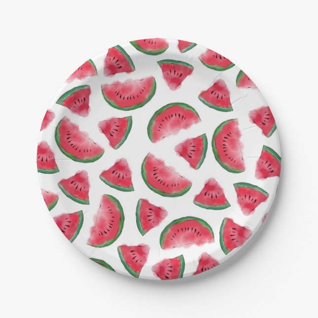 Summer Red Green Watermelon Watercolor Pattern Paper Plates (Front)