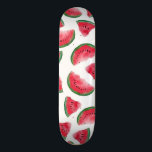 Summer Red Green Watermelon Watercolor Pattern Skateboard<br><div class="desc">This artsy and modern pattern is perfect for the summer months. It displays a hand-paint red, green, and black watercolor watermelon fruit pattern on top of a simple white background. It's cool, cute, and trendy! ***IMPORTANT DESIGN NOTE: For any custom design request such as matching product requests, color changes, placement...</div>