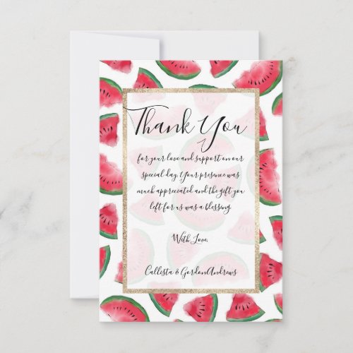 Summer Red Green Watermelon Watercolor Pattern Thank You Card