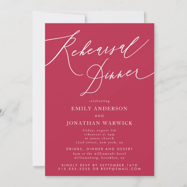 Summer Red Magenta Calligraphy Wedding Rehearsal Invitation (Front)