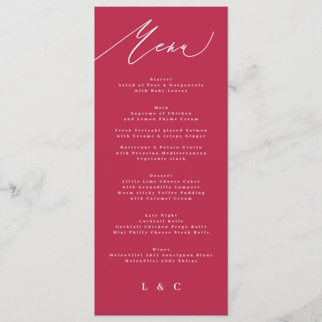 summer red magenta classic Calligraphy Menu (Front)