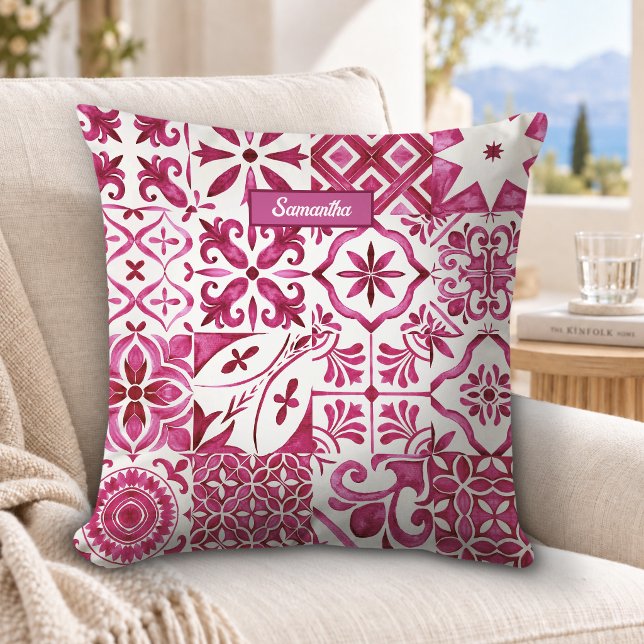 Summer Red Majolica Sicilian Tile Pattern Throw Pillow (Creator Uploaded)