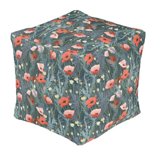 Summer Red Poppy Meadow Pouf