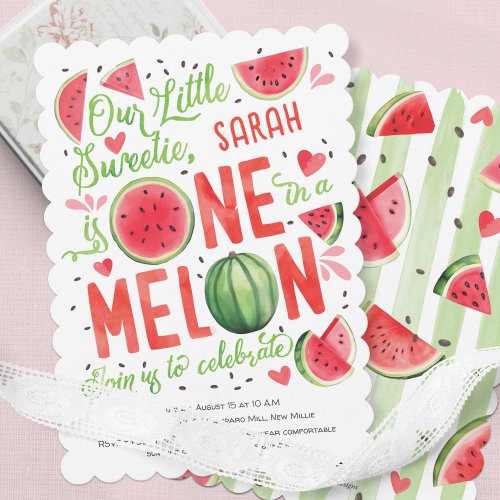 Summer red Watermelon One in a melon 1st Birthday Invitation