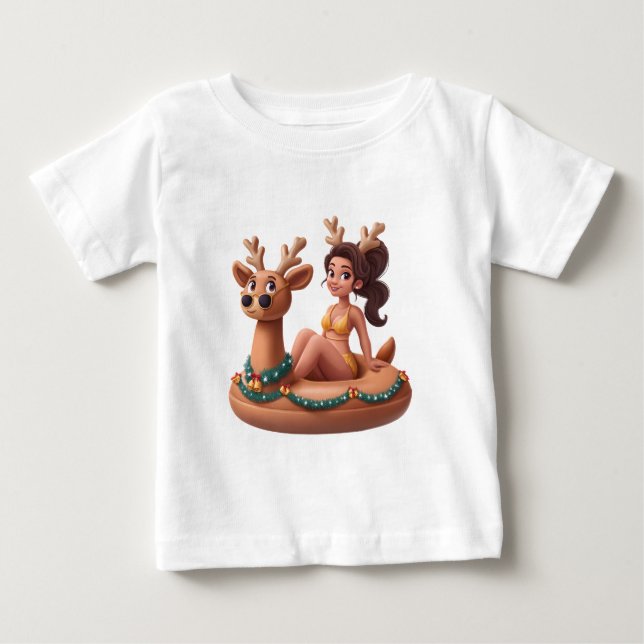 Summer Reindeer Holiday Fun Pool Party Design Baby T-Shirt (Front)