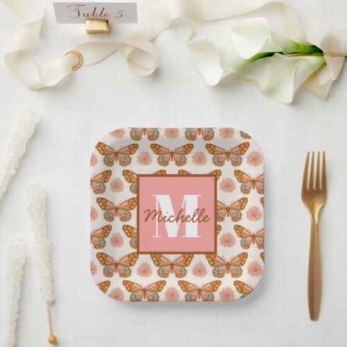 Summer Retro Butterfly  Monogram Paper Plates