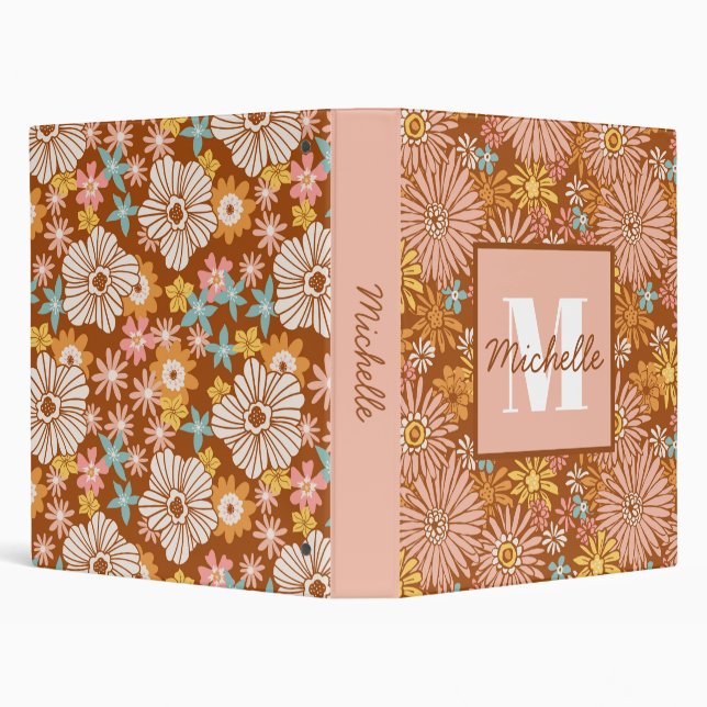 Summer Retro Flower | Monogram 3 Ring Binder (Background)