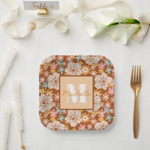 Summer Retro Flower  Monogram Paper Plates