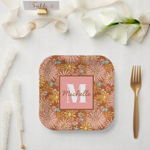 Summer Retro Flower  Monogram Paper Plates