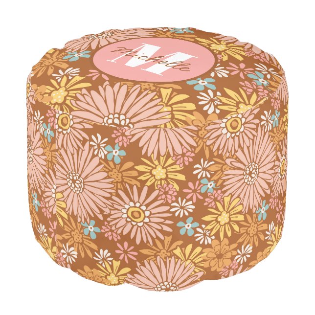 Summer Retro Flower | Monogram  Pouf (Angled Back)