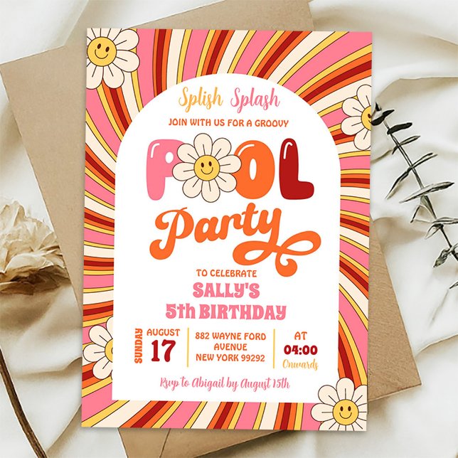 Summer Retro Groovy Daisy Pool Party Birthday Invitation (Creator Uploaded)