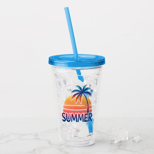 Summer retro sunset palm tree acrylic tumbler (Front Ice)