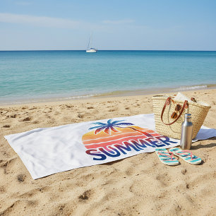 Summer retro sunset palm tree beach towel