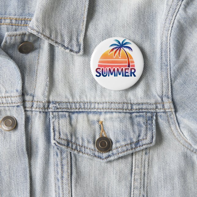 Summer retro sunset palm tree button (In Situ)