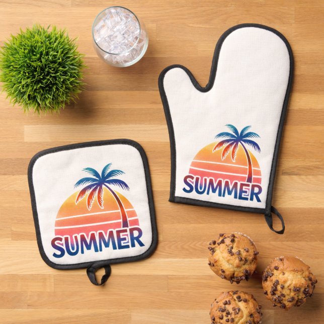 Summer retro sunset palm tree oven mitt & pot holder set (Top Down)