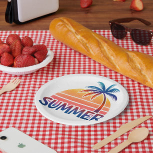 Summer retro sunset palm tree paper plates