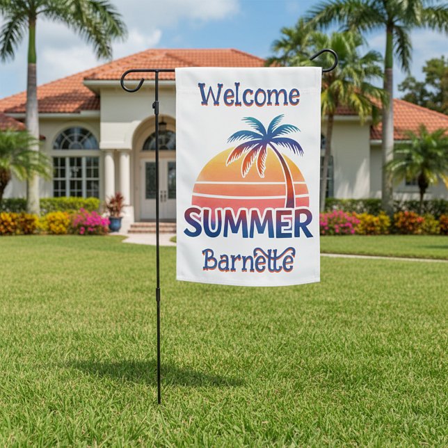 Summer retro sunset palm tree personalized garden flag (Creator Uploaded)
