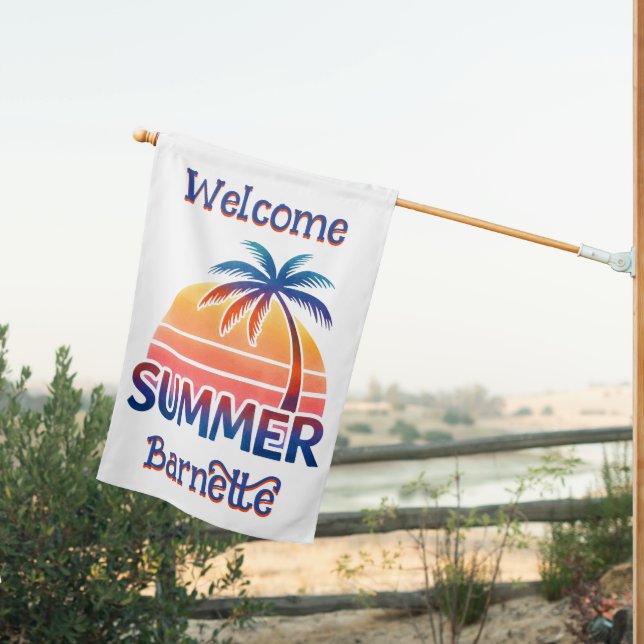 Summer retro sunset palm tree personalized house flag (Insitu (Back))