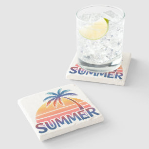 Summer retro sunset palm tree stone coaster