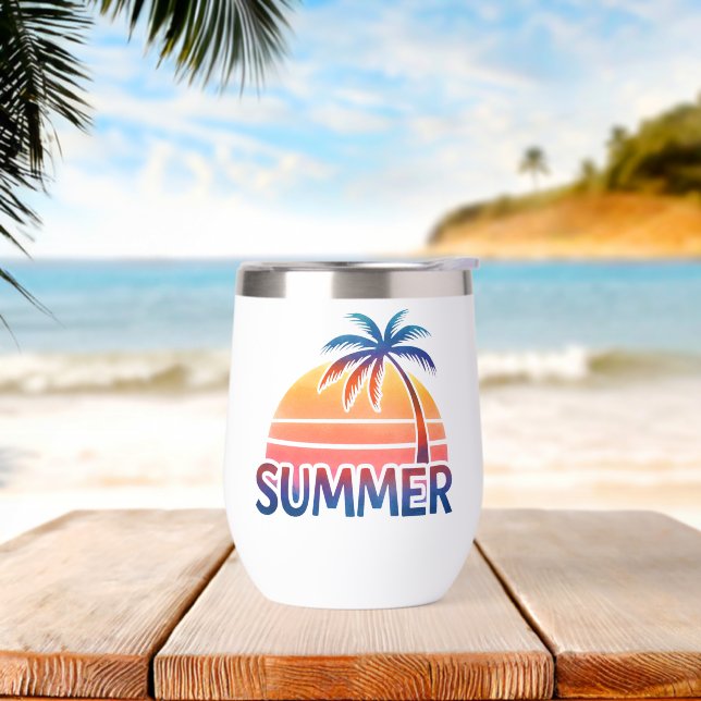Summer retro sunset palm tree thermal wine tumbler (Beach)