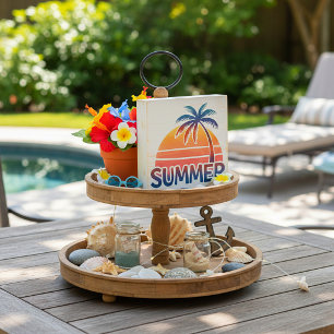 Summer retro sunset palm tree wooden box sign