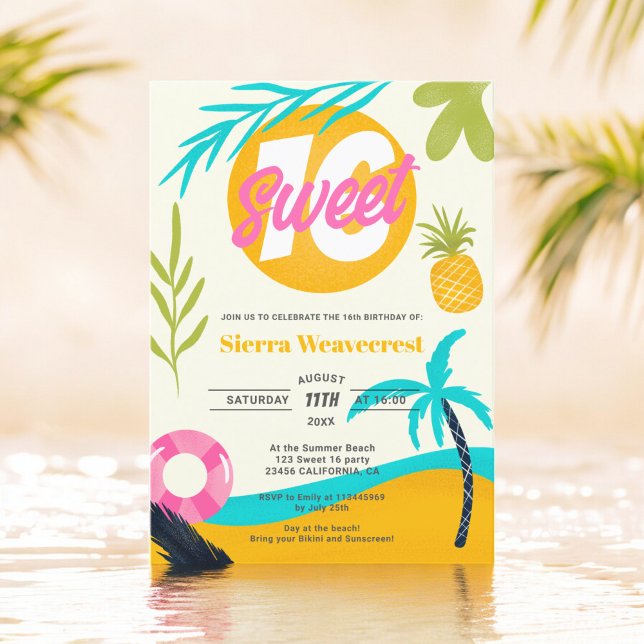 Summer Retro Tropical Beach Pool Sweet 16 photo Invitation (Summer Retro Tropical Beach Pool Sweet 16 photo Invitation)