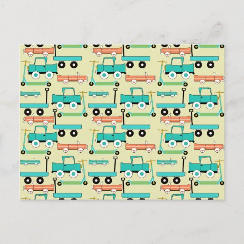 Summer Retro Wheels Scooters Cars Wagons Trucks Postcard