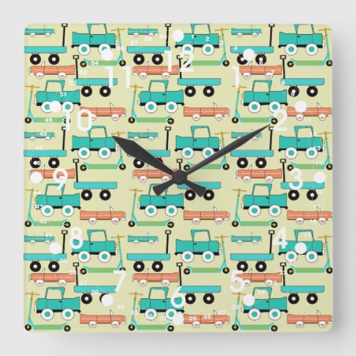 Summer Retro Wheels Scooters Cars Wagons Trucks Square Wall Clock