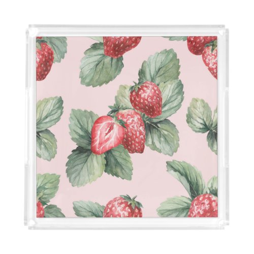 Summer Ripe Strawberries Watercolor Pink Acrylic Tray