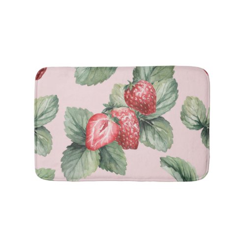 Summer Ripe Strawberries Watercolor Pink Bath Mat
