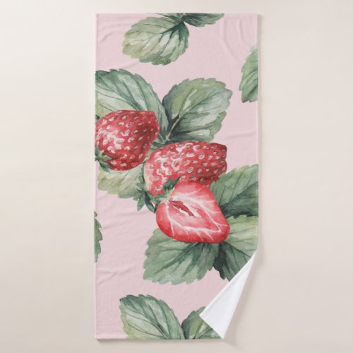 Summer Ripe Strawberries Watercolor Pink Bath Towel