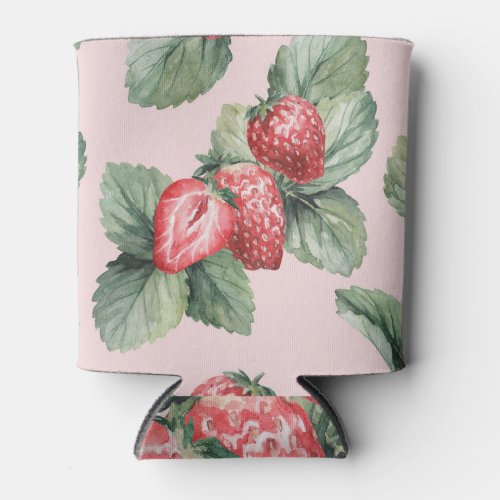 Summer Ripe Strawberries Watercolor Pink Can Cooler