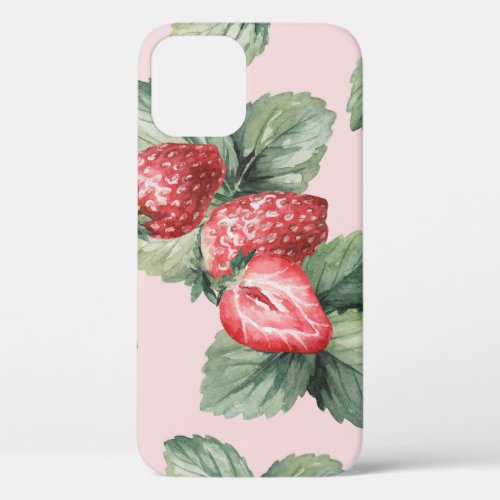 Summer Ripe Strawberries Watercolor Pink iPhone 12 Case