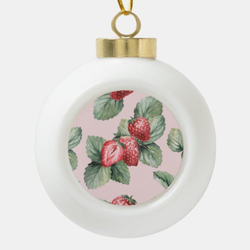 Summer Ripe Strawberries Watercolor Pink Ceramic Ball Christmas Ornament