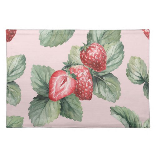 Summer Ripe Strawberries Watercolor Pink Cloth Placemat