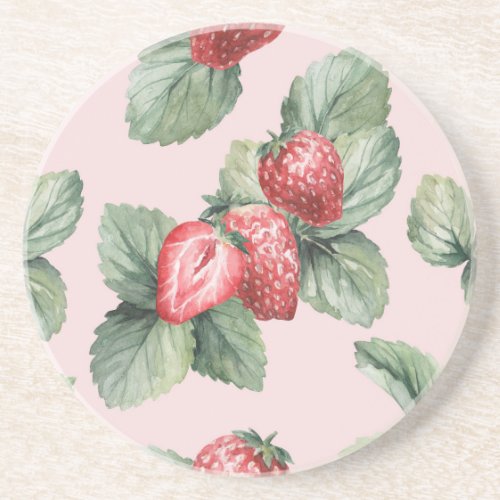 Summer Ripe Strawberries Watercolor Pink Coaster