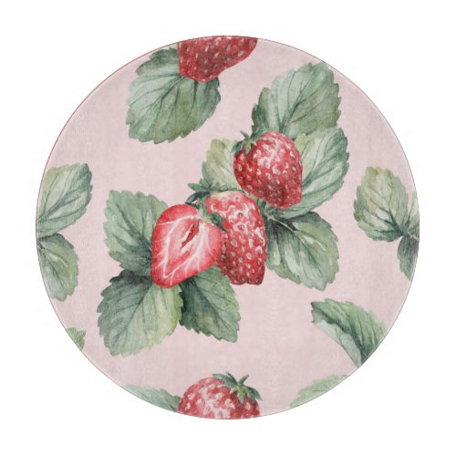 Summer Ripe Strawberries Watercolor Pink Cutting Board