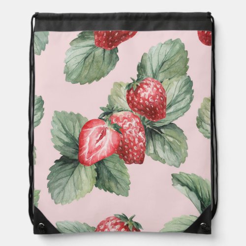 Summer Ripe Strawberries Watercolor Pink Drawstring Bag