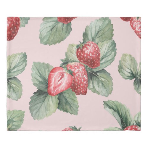 Summer Ripe Strawberries Watercolor Pink Duvet Cover