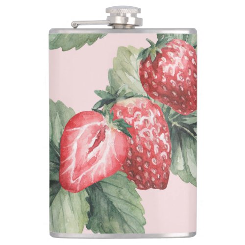 Summer Ripe Strawberries Watercolor Pink Flask