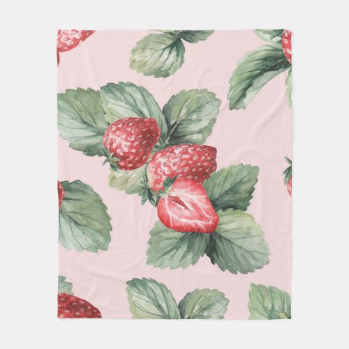 Summer Ripe Strawberries Watercolor Pink Fleece Blanket