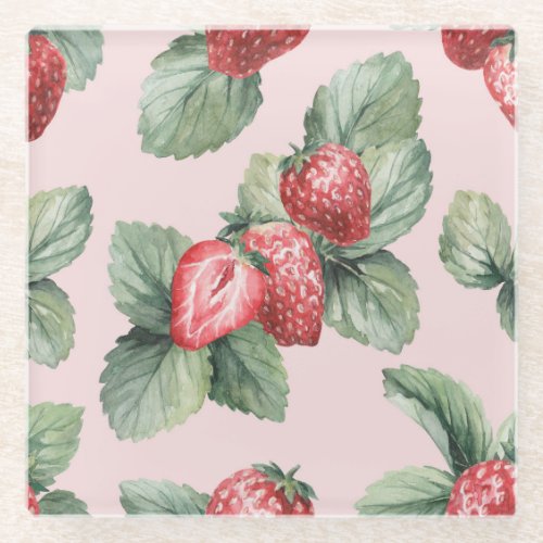 Summer Ripe Strawberries Watercolor Pink Glass Coaster
